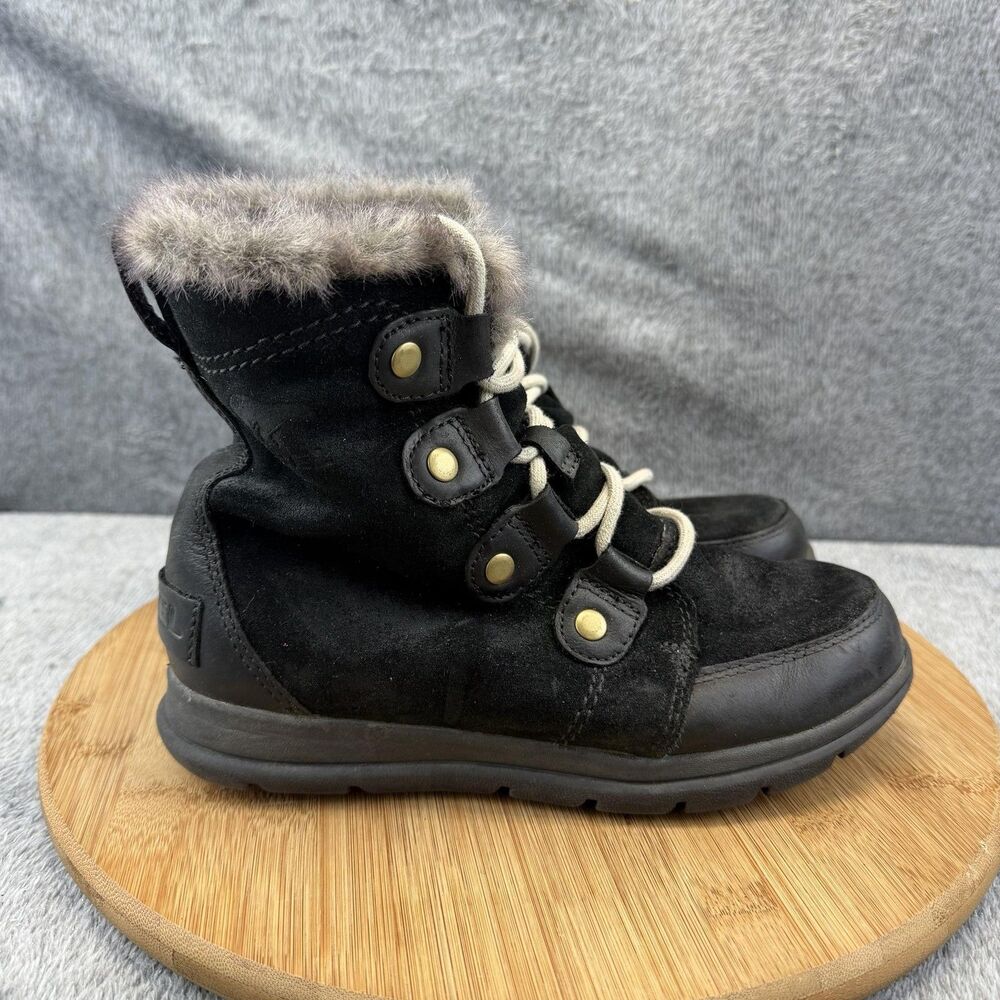 Sorel Boots Womens Size 5.5 Black Suede Whitney Fur Ankle Winter Snow NL3039-010